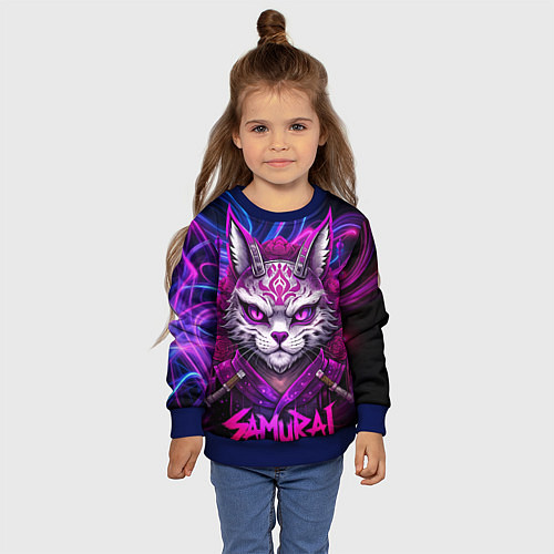 Детский свитшот Кот самурай в ярких фиолетовых оттенках / 3D-Синий – фото 4