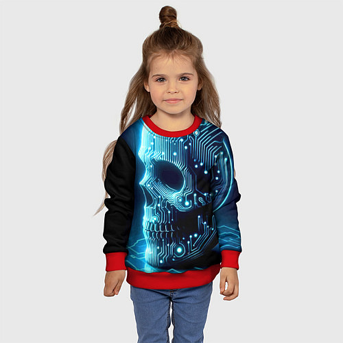 Детский свитшот Cyber neon skull - ai art с дорожками на плате / 3D-Красный – фото 4