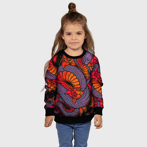 Детский свитшот Цветы и змея - Японский стиль / 3D-Черный – фото 4