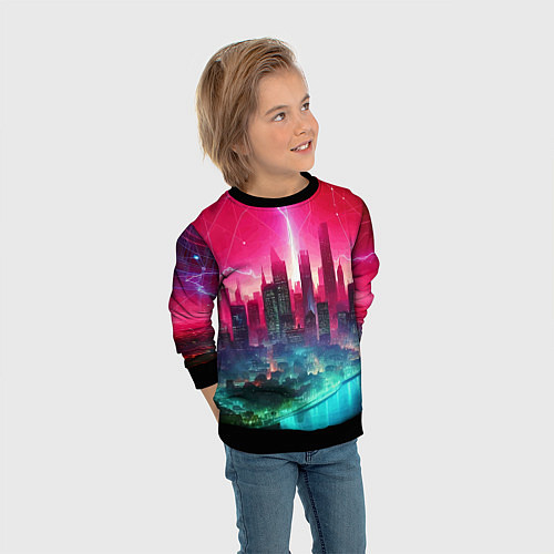 Детский свитшот Неоновая гроза в мегаполисе - удар молнии / 3D-Черный – фото 3