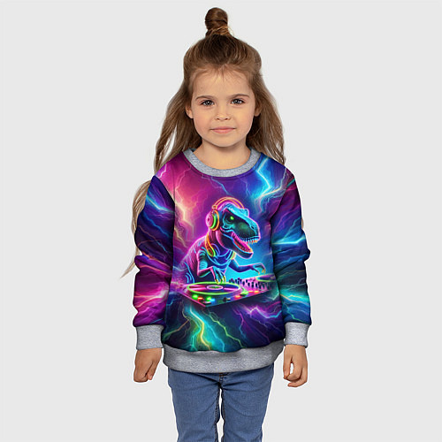Детский свитшот Tyrannosaur DJ - neon glow / 3D-Меланж – фото 4