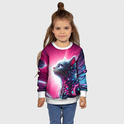 Детский свитшот Космический кибер котёнок - неоновое свечение / 3D-Белый – фото 4