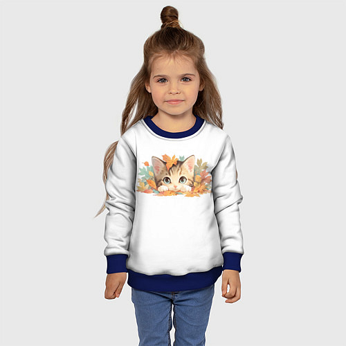 Детский свитшот Котёнок в листьях / 3D-Синий – фото 4