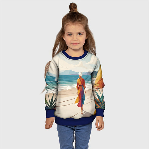 Детский свитшот Летний пейзаж с женщиной на пляже / 3D-Синий – фото 4