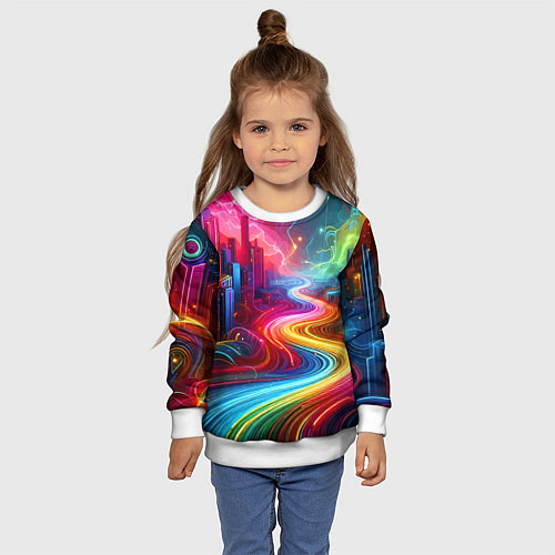 Детский свитшот Неоновый город - нейроарт / 3D-Белый – фото 4