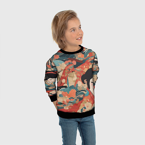 Детский свитшот Японский орнамент с девушкой / 3D-Черный – фото 3