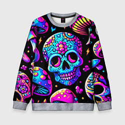 Детский свитшот Мексиканский череп и мухомор - неоновое свечение