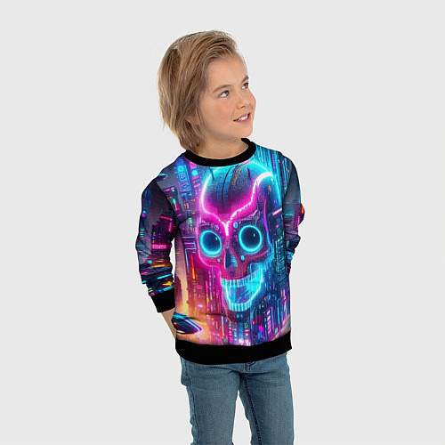 Детский свитшот Neon skull in metropolis - future / 3D-Черный – фото 3