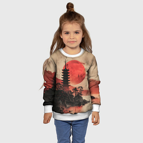 Детский свитшот Башня на фоне алого заката - Япония / 3D-Белый – фото 4
