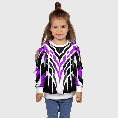 Детский свитшот Агрессивные фиолетово-белые полосы на чёрном фоне / 3D-Белый – фото 4