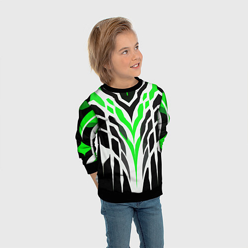 Детский свитшот Агрессивные зелёно-белые полосы на чёрном фоне / 3D-Черный – фото 3