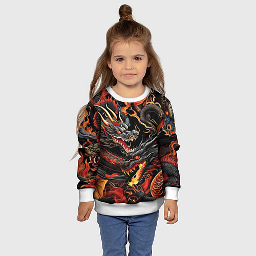 Детский свитшот Огненные драконы в стиле тату ирезуми на черном / 3D-Белый – фото 4