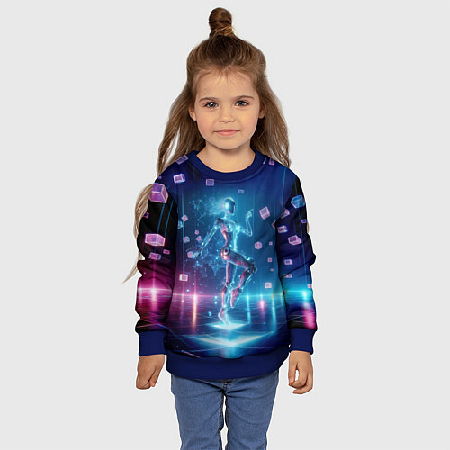 Детский свитшот Танец неоновой кибер девушки - нейроарт / 3D-Синий – фото 4