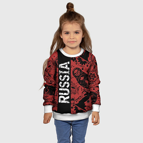 Детский свитшот Россия на фоне матрёшек балалайки и славянских узо / 3D-Белый – фото 4