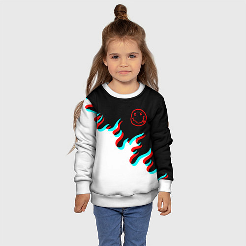 Детский свитшот Нирвана глитч огонь / 3D-Белый – фото 4
