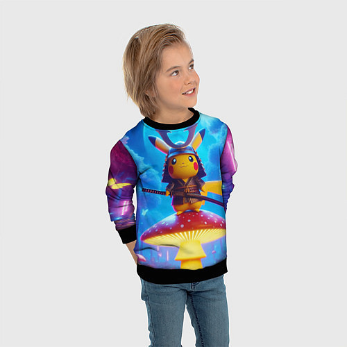 Детский свитшот Пмкачу самурай на мухоморе - нейроарт фантазия / 3D-Черный – фото 3