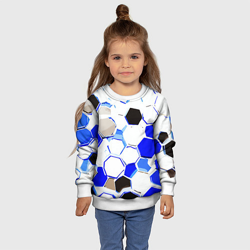 Детский свитшот Чёрно-синие шестиугольники на белом фоне / 3D-Белый – фото 4