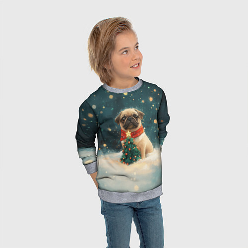 Детский свитшот Мопс и маленькая елочка / 3D-Меланж – фото 3
