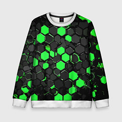 Свитшот детский Зелёно-серые шестиугольники на чёрном фоне, цвет: 3D-белый