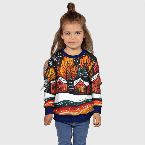 Детский свитшот Новогоднее настроение - домики и елки / 3D-Синий – фото 4