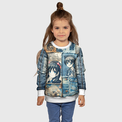 Детский свитшот Пэчворк деним и аниме / 3D-Белый – фото 4