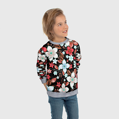Детский свитшот Красно-белые цветы на чёрном фоне / 3D-Меланж – фото 3