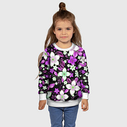 Свитшот детский Фиолетово-белые цветы на чёрном фоне, цвет: 3D-белый — фото 2