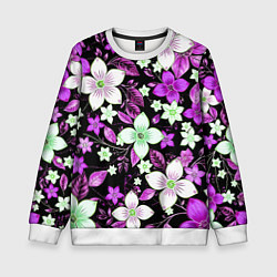 Свитшот детский Фиолетово-белые цветы на чёрном фоне, цвет: 3D-белый