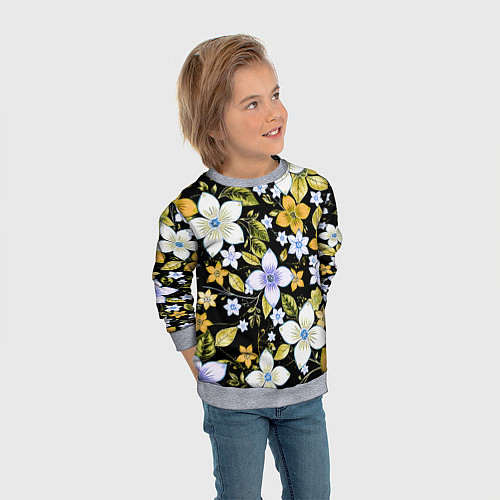 Детский свитшот Жёлто-белые цветы на чёрном фоне / 3D-Меланж – фото 3