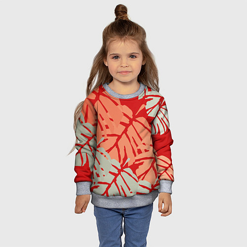 Детский свитшот Отпечатки монстеры на красном / 3D-Меланж – фото 4