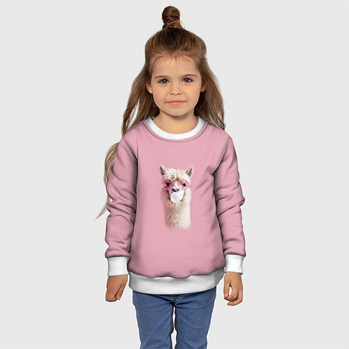 Детский свитшот Лама альпака в очках с жевательной резинкой / 3D-Белый – фото 4