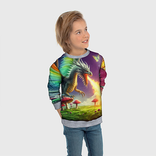 Детский свитшот Огнедышащий дракон на грибной поляне / 3D-Меланж – фото 3