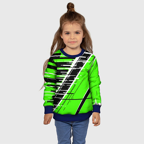 Детский свитшот Чёрно-белые глитч полосы на зелёном фоне / 3D-Синий – фото 4