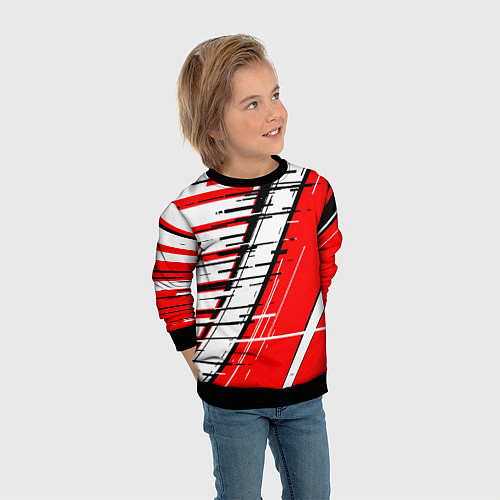 Детский свитшот Чёрно-белые глитч полосы на красном фоне / 3D-Черный – фото 3