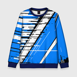 Свитшот детский Чёрно-белые глитч полосы на синем фоне, цвет: 3D-синий