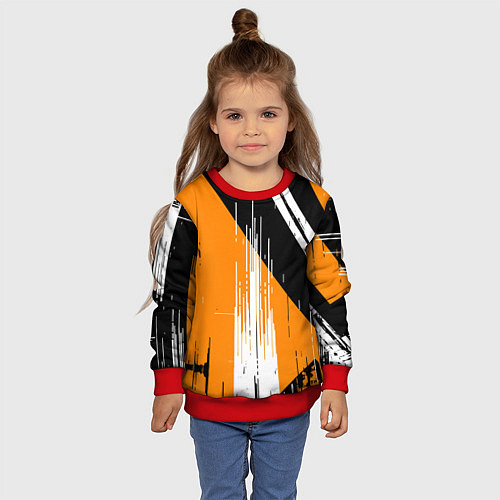 Детский свитшот Вертикальные чёрные линии на оранжево-белом фоне / 3D-Красный – фото 4
