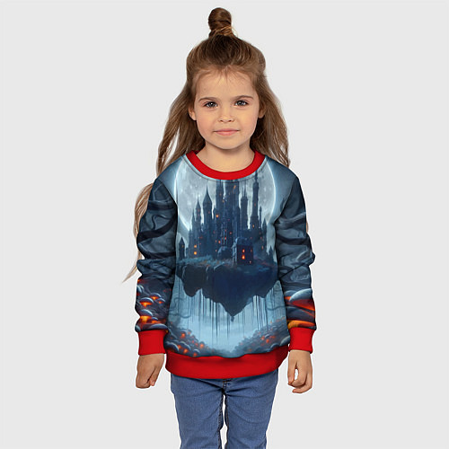 Детский свитшот Замок Дракулы и неоновые грибы - нейроарт фантазия / 3D-Красный – фото 4