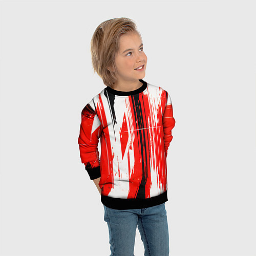 Детский свитшот Вертикальные чёрно-белые линии на красном фоне / 3D-Черный – фото 3