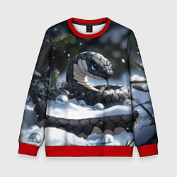 Свитшот детский Новогодняя черная змея с голубыми глазами, цвет: 3D-красный