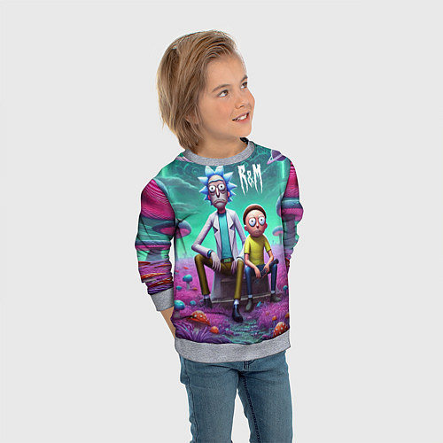 Детский свитшот Рик и Морту на сказочной грибной планете - нейроар / 3D-Меланж – фото 3