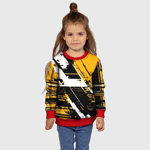 Детский свитшот Diagonal black and white stripes on a yellow backg / 3D-Красный – фото 4