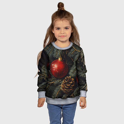 Детский свитшот Красные новогодние шары с шишкой / 3D-Меланж – фото 4