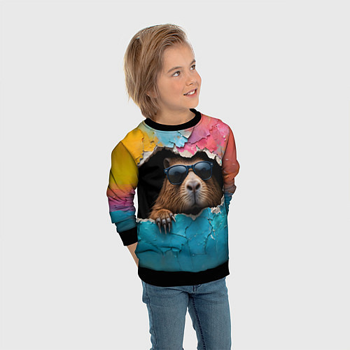 Детский свитшот Капибара в стене / 3D-Черный – фото 3