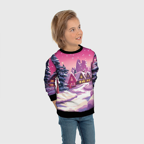 Детский свитшот Новогодние домики и фиолетовый закат / 3D-Черный – фото 3