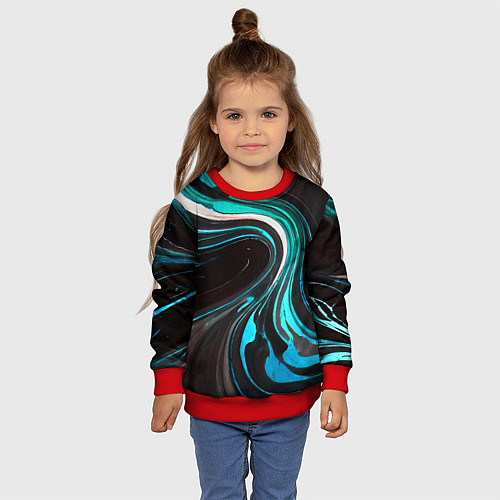 Детский свитшот Волнистые бело-голубые линии на чёрном фоне / 3D-Красный – фото 4