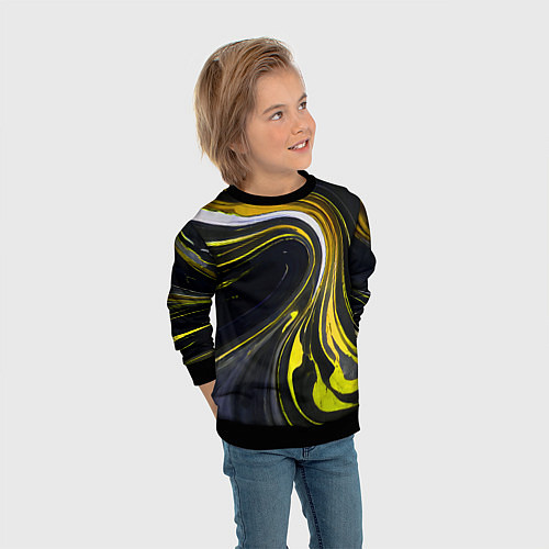 Детский свитшот Волнистые бело-жёлтые линии на чёрном фоне / 3D-Черный – фото 3