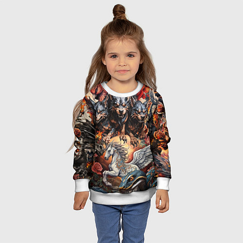 Детский свитшот Мифические существа в стиле татуировки Ирезуми / 3D-Белый – фото 4