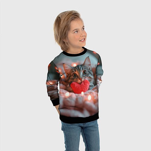 Детский свитшот Котик с сердечком / 3D-Черный – фото 3