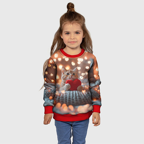Детский свитшот Котик с сердечком на фоне боке / 3D-Красный – фото 4