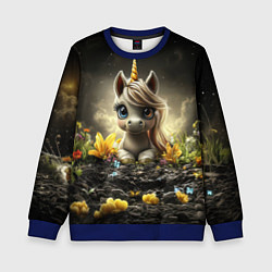 Свитшот детский Белая единорожка на черном фоне, цвет: 3D-синий